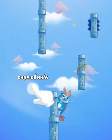 Dragon Jump minigame: a small dragon leaps between two cliff walls toward a coin