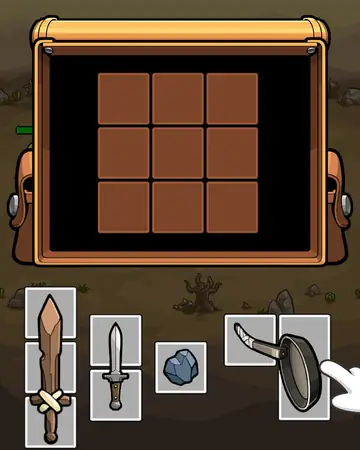 Pack n Clash playable ad: a sword, a frying pan and an axe fitted into a backpack grid before a fight