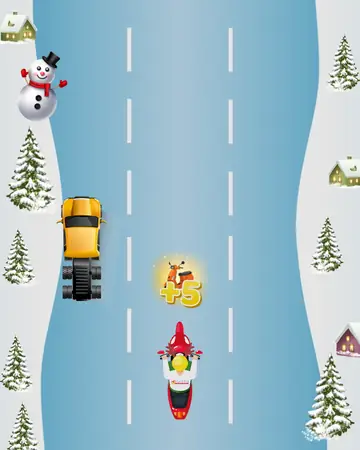 Racing Top Down minigame: a car seen from above on a multi-lane road with obstacles and a gold chest ahead